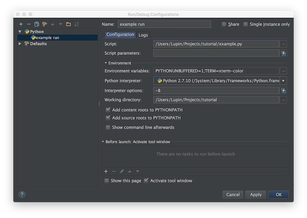 PyCharm run debug configuration